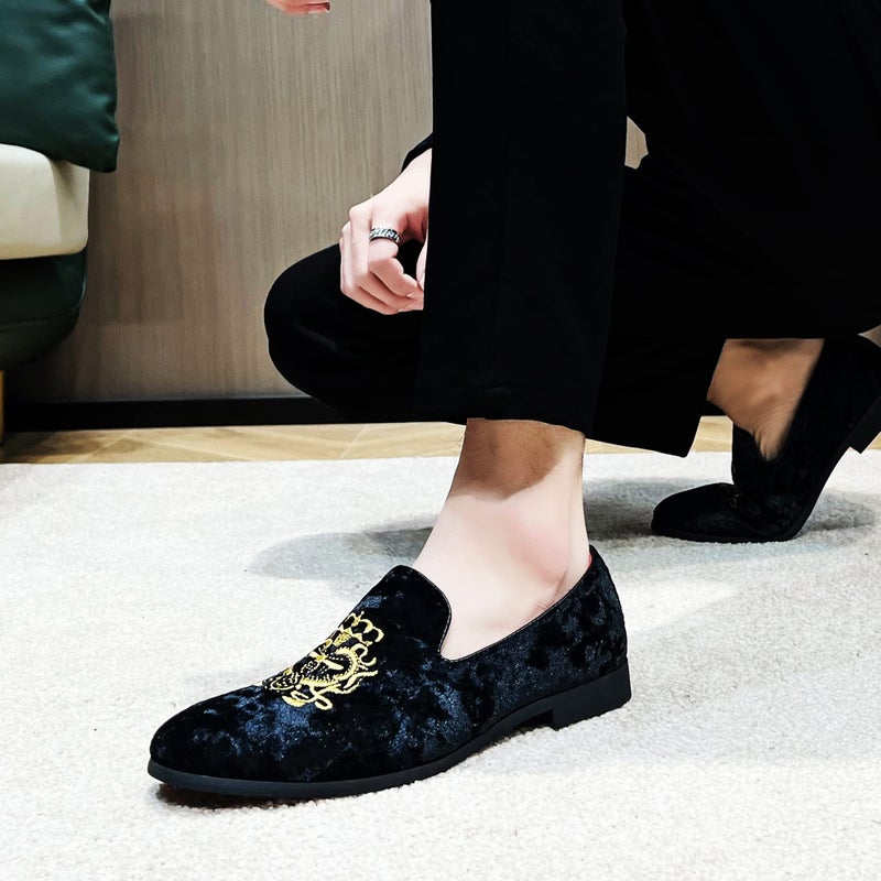 FLQL Velvet Embroidery Noble Loafer Shoes Slip-On Loafer Smoking Slipper Size 10 Black - Image 3